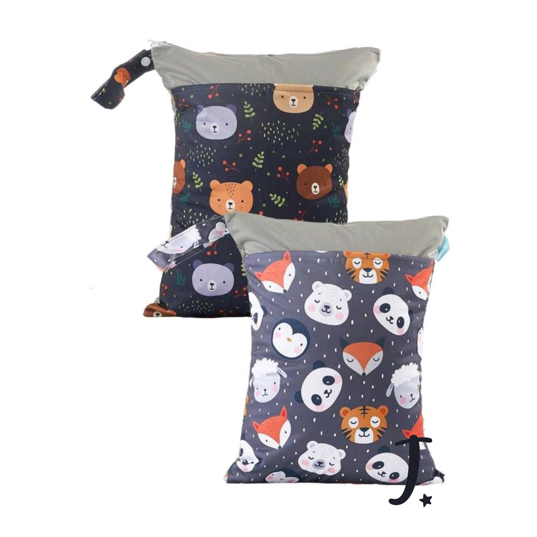 Happy Flute Wet bag, Blank and Grey baby animals - 2 pack