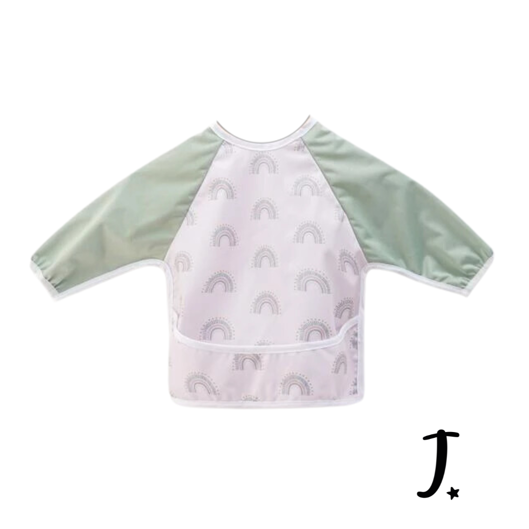 Long sleeve bib - Green sleeves, grey rainbows