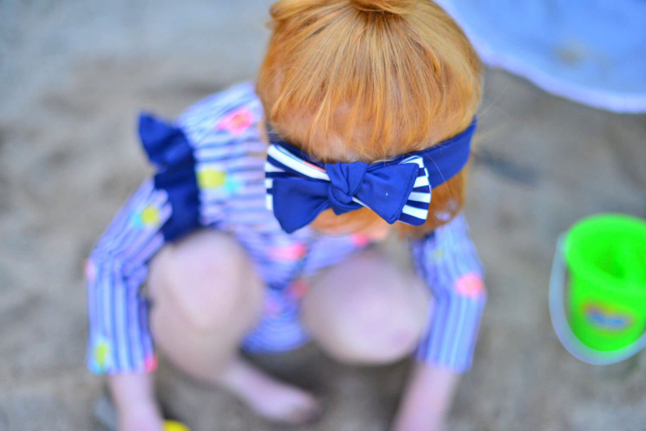 Navy stripe girl swimsuit with headband set