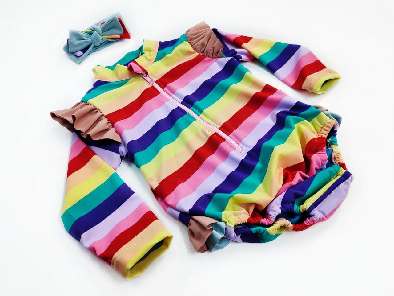 Colorful stripe girl with headband swimsuit