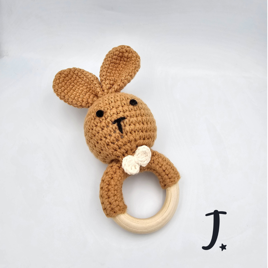 Bunny teethers with wooden ring and rattle