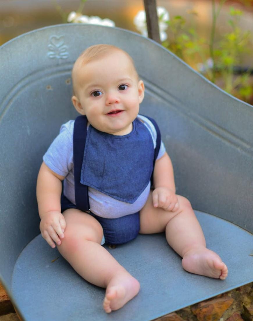 Boy denim diaper cover, suspenders and bib set