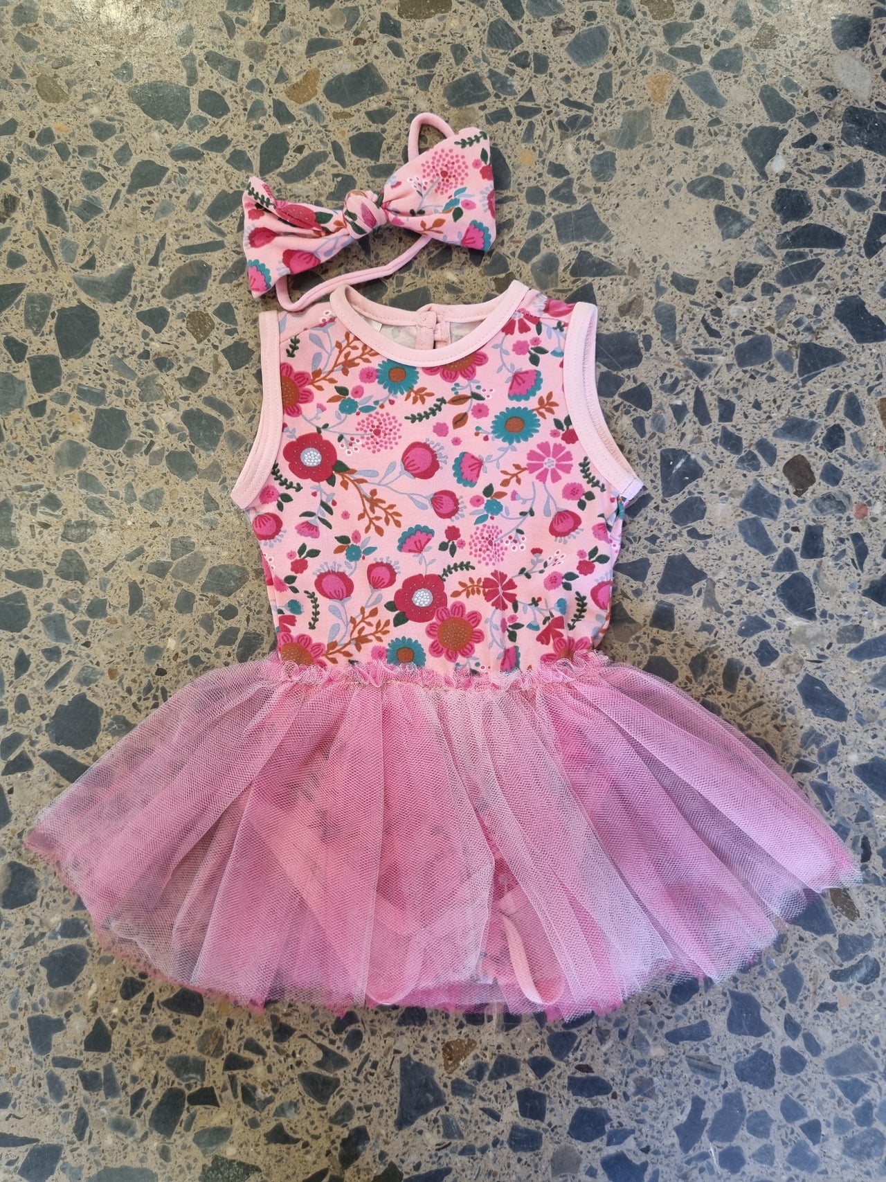 Pink floral vest with tutu and headband