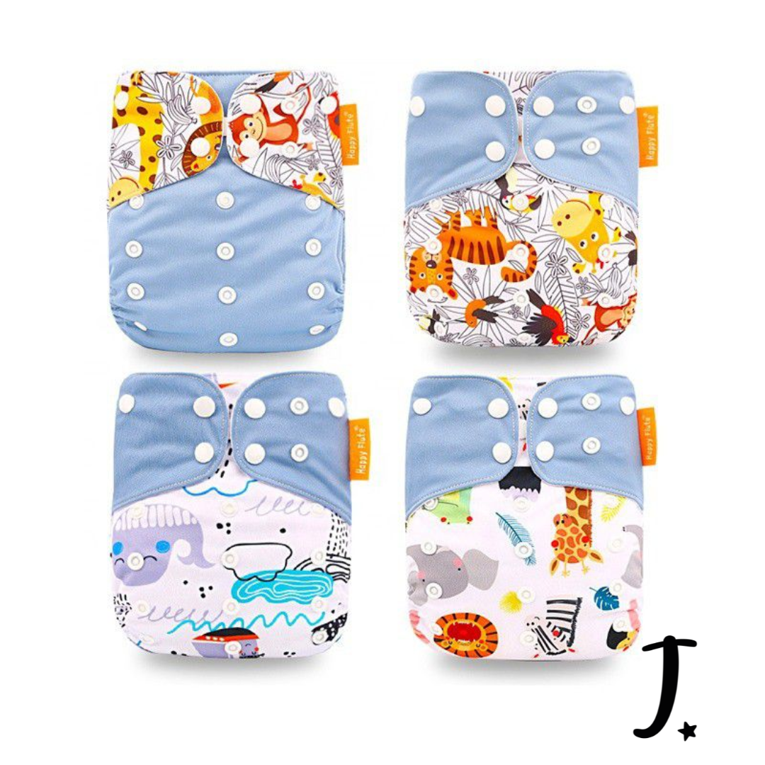 4 Pack, Happy Flute Pocket Diapers, Blue Drawings Print