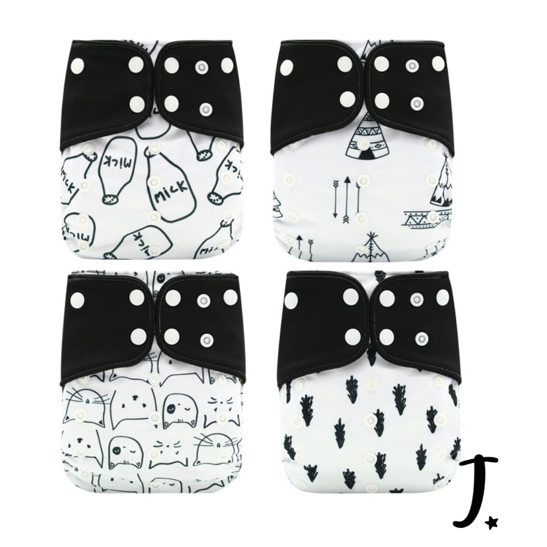 4 Pack, Happy Flute Pocket Diapers, Black & White Print