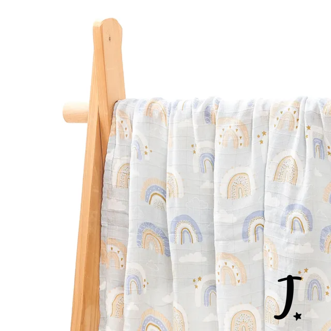 Bamboo cotton muslin blanket - Light blue rainbows