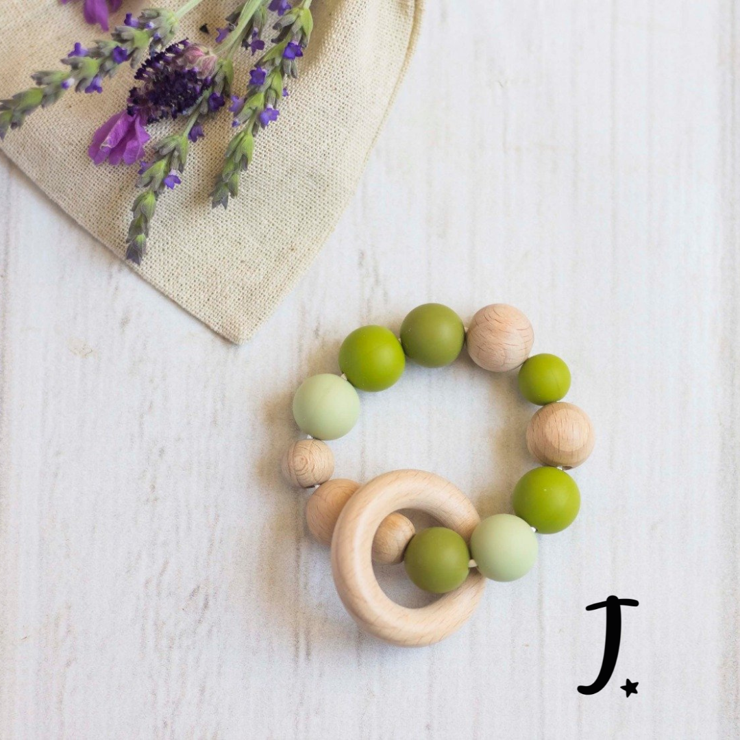 Silicone & Wooden Teether Lime Green